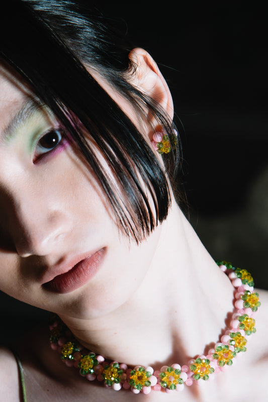 The Luminous Sakura Beaded Necklace Ring Earring