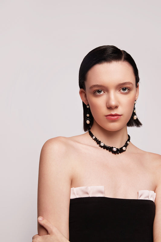 Crystal Beaded Baroque Pearl Necklace and Earrings Black
