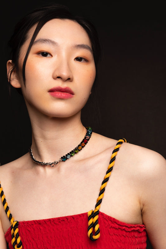 Crystal Bead Rainbow Beaded Chain Necklace Black