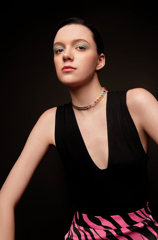 Crystal Bead Rainbow Beaded Chain Necklace Clear