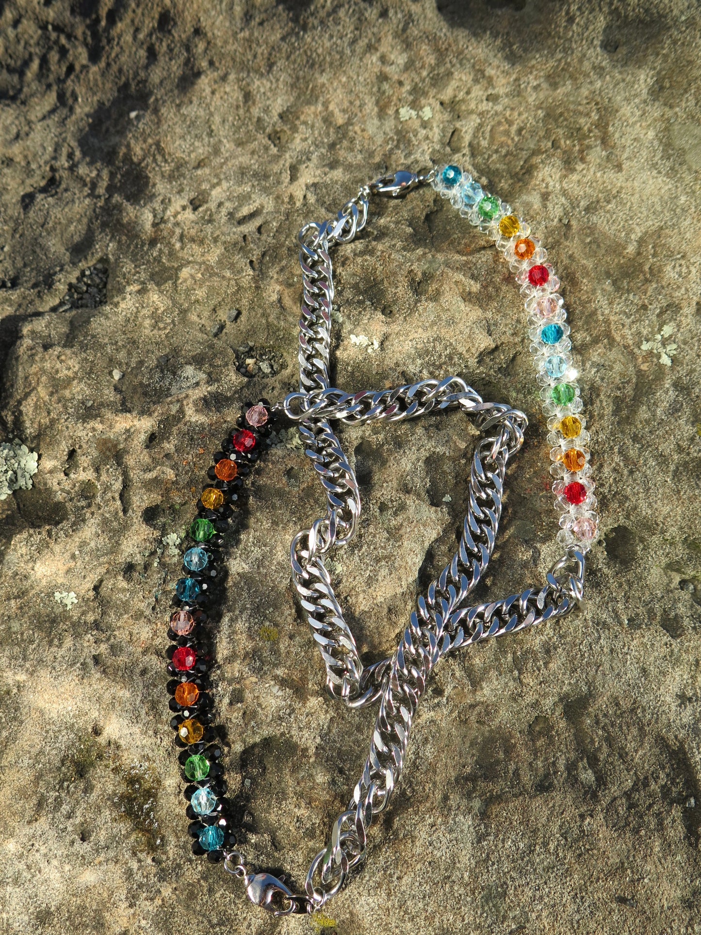 Crystal Bead Rainbow Beaded Chain Necklace Black