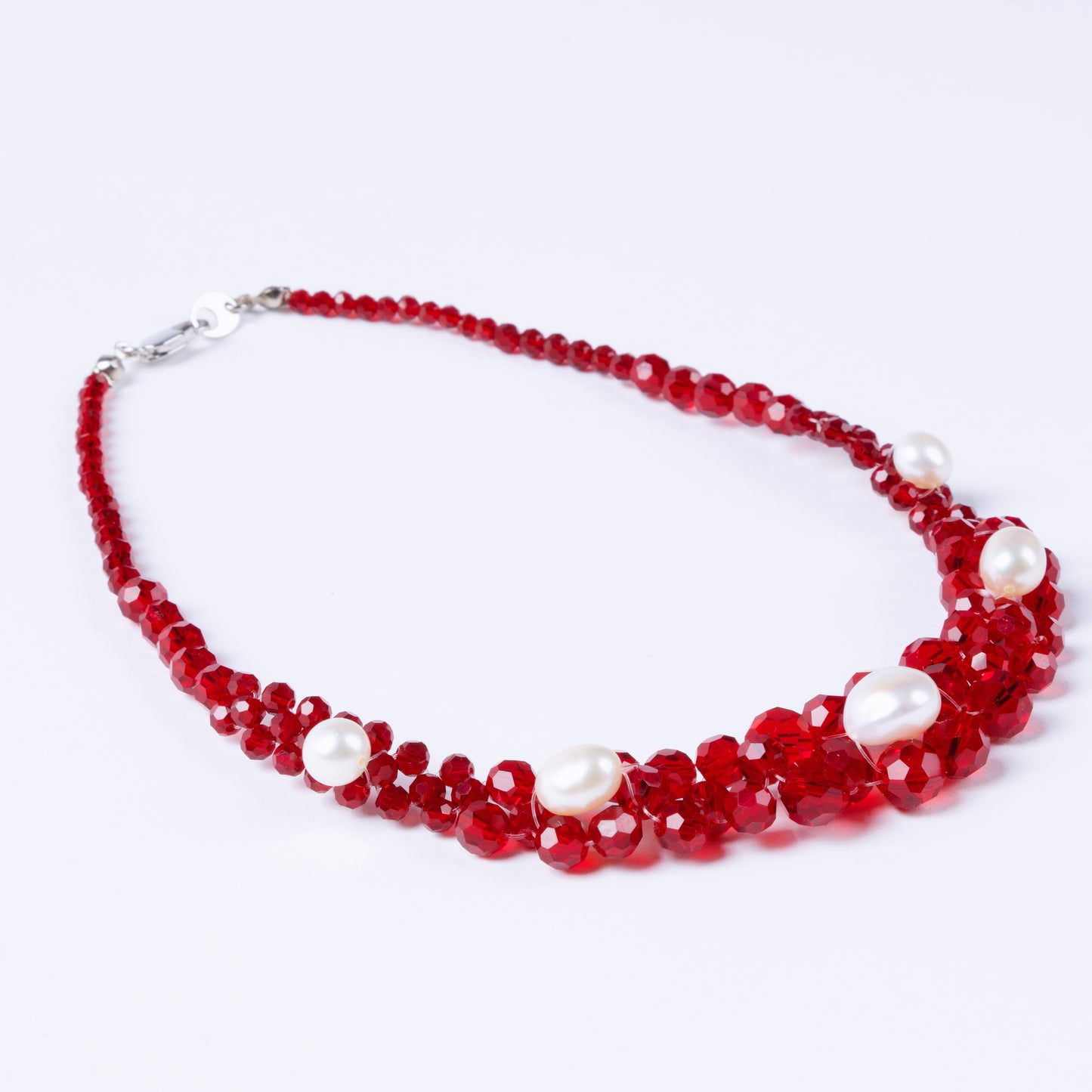 Crystal Beaded Baroque Pearl Necklace and Earrings Red