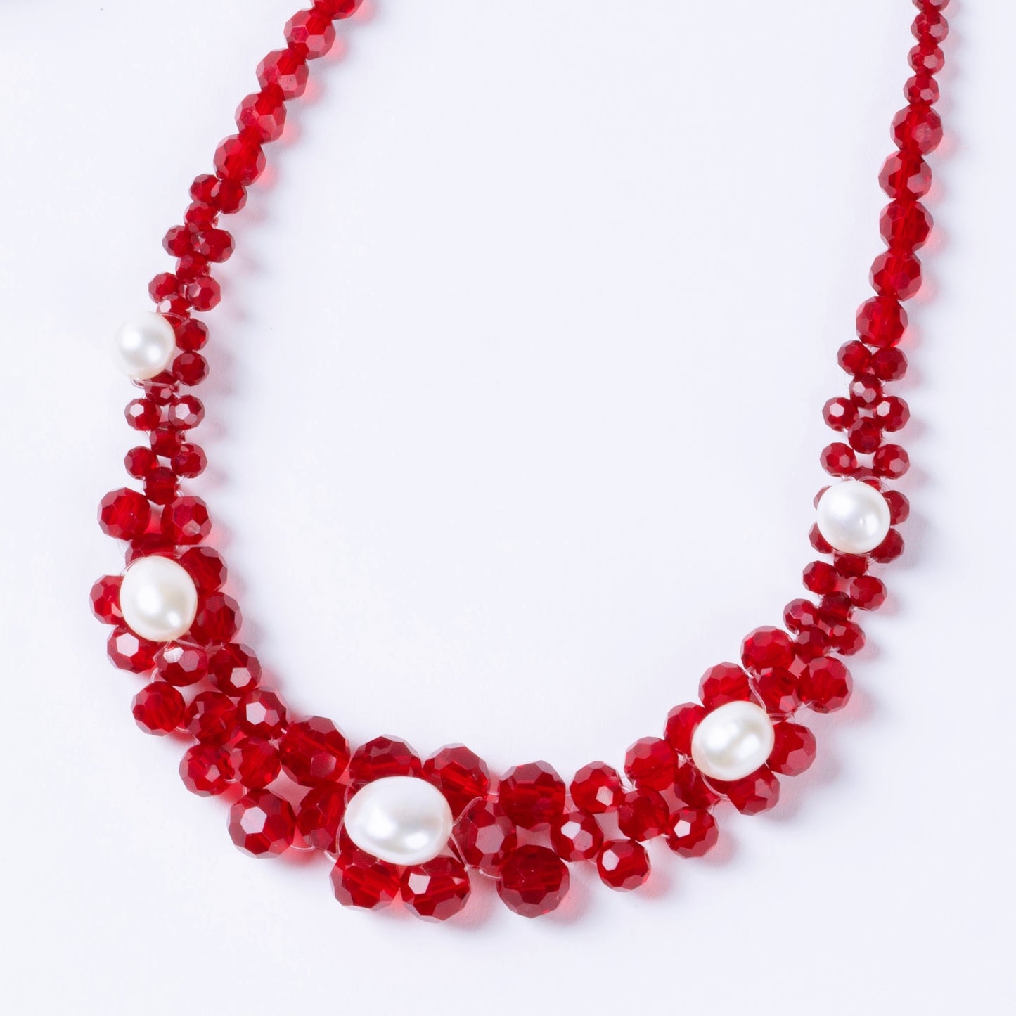 Crystal Beaded Baroque Pearl Necklace and Earrings Red